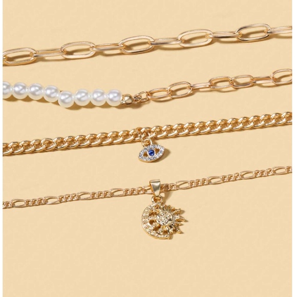 Boho Gold Tone Evil Eye Moon Multilayer Necklace - Picture 2 of 4